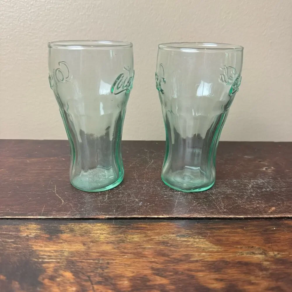 Set of 2 Vintage Coca-Cola green tint fountain shake‎ 4.5 inch glasses Marked IG